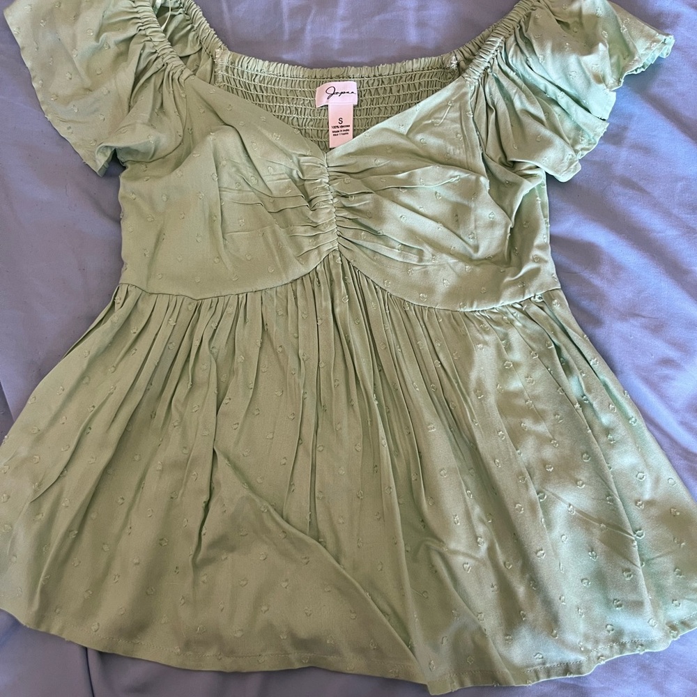 Japna Light Green Puff-Sleeve Ruched Bodice Blouse